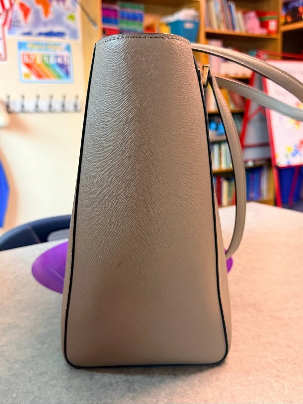 Tory Burch Taupe Saffiano Tote with Gold Logo Charm